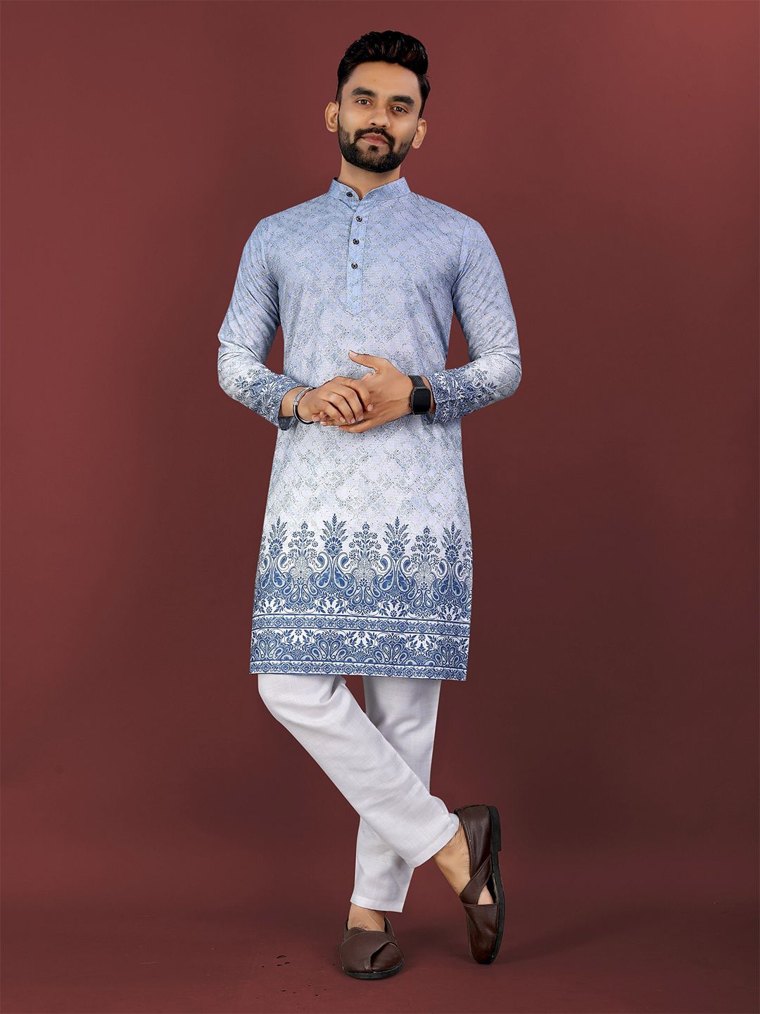 CHARLOTTE GRACIOUS Men Ethnic Motifs Woven Design Band Collar Sequins Kurta-picture-54