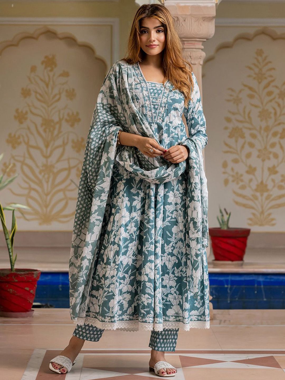 KALINI Floral Printed V-Neck Anarkali Pure Cotton Kurta With Trousers & Dupatta