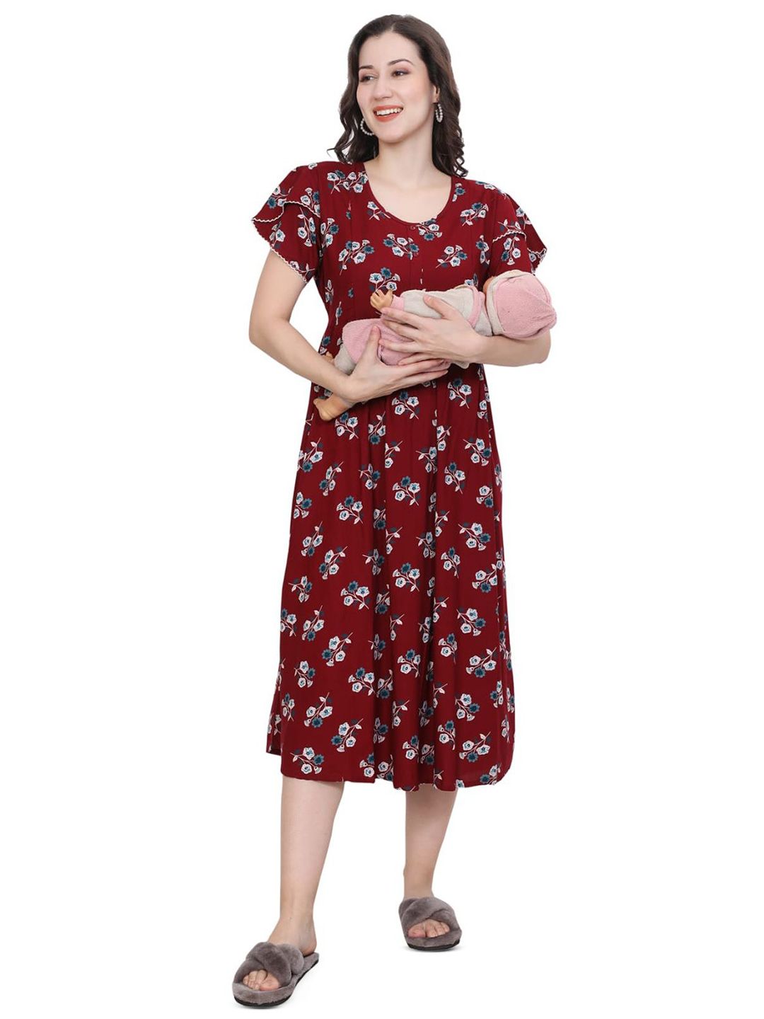 Ms.Lingies Women Floral Printed Round Neck Pure Cotton Maternity Maxi Nightdress-picture-28