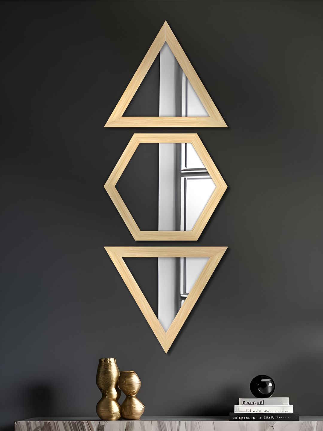 Art Street Beige 3 Pieces Triangle & Hexagon Hanging Hook Wall Mirrors-picture-55