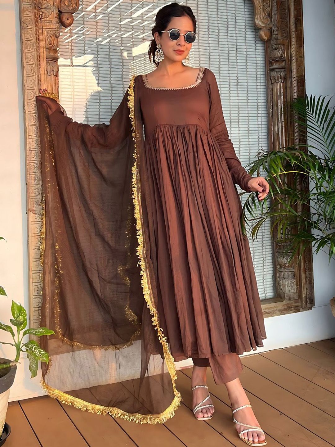 KALINI Women Ethnic Motifs Embroidered Square Neck Anarkali Kurta with Trousers & Dupatta