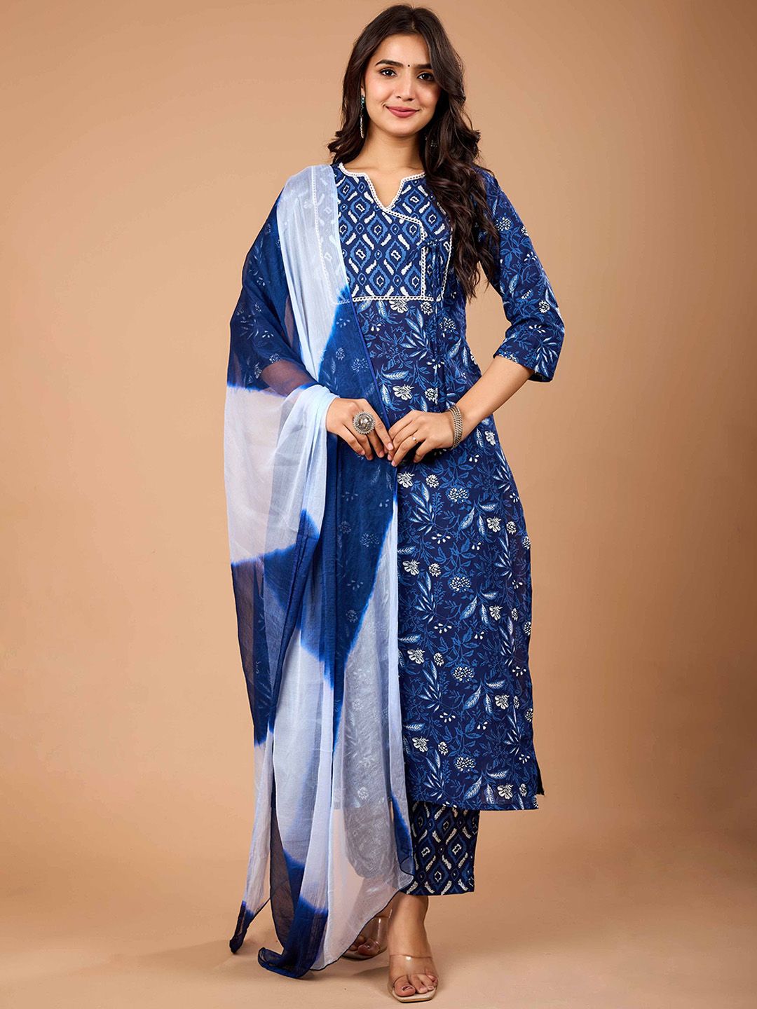 Le Mec Women Floral Embroidered Regular Pure Cotton Kurta & Trouser With Dupatta