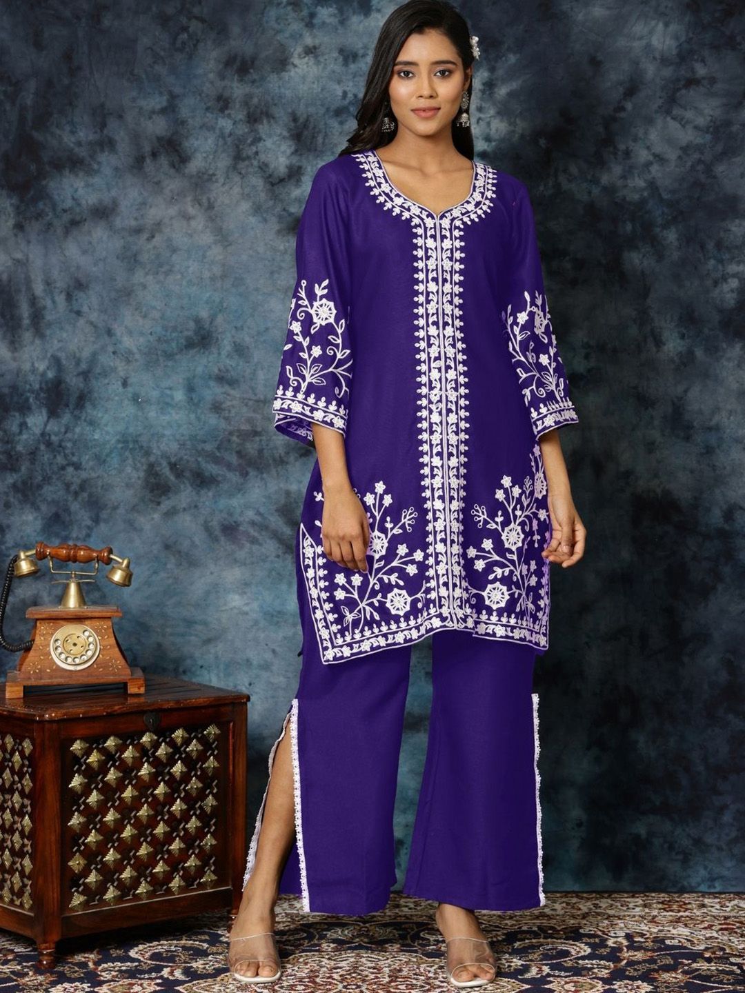 Sangria Women Chikankari Embroidered A-Line Kurta & Palazzo