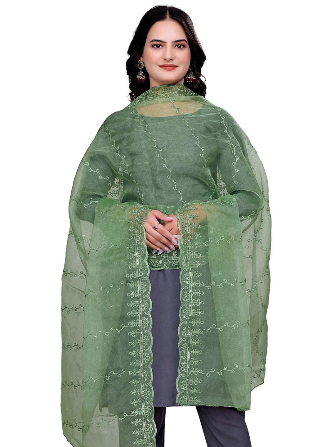 Kemza Floral Embroidered Sequinned Organza Dupatta-picture-37