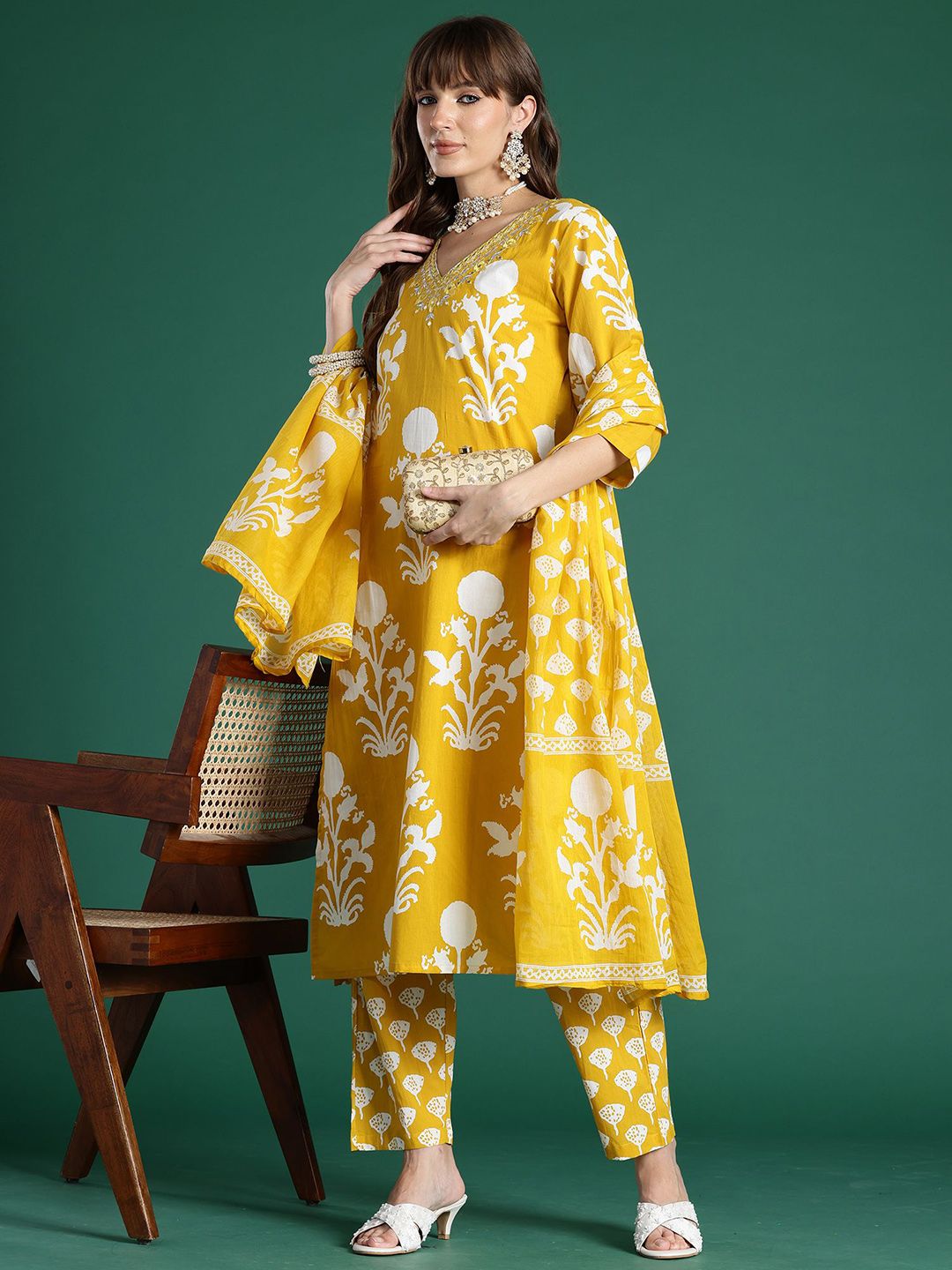 Indo Era Floral Printed Mirror Work Pure Cotton Kurta With Trousers & Dupatta