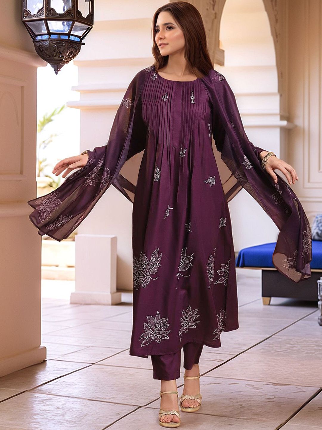 Moda Rapido Ethnic Motifs Printed Round Neck Anarkali Kurta With Trousers & Dupatta