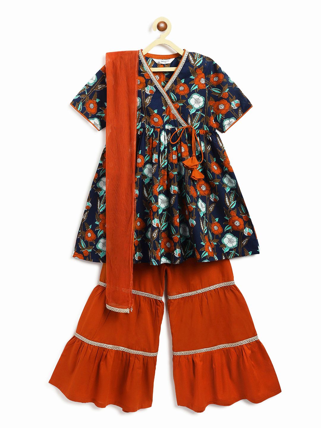 Campana Girls Floral Printed V-Neck Angrakha Pure Cotton Kurta With Sharara & Dupatta-picture-10