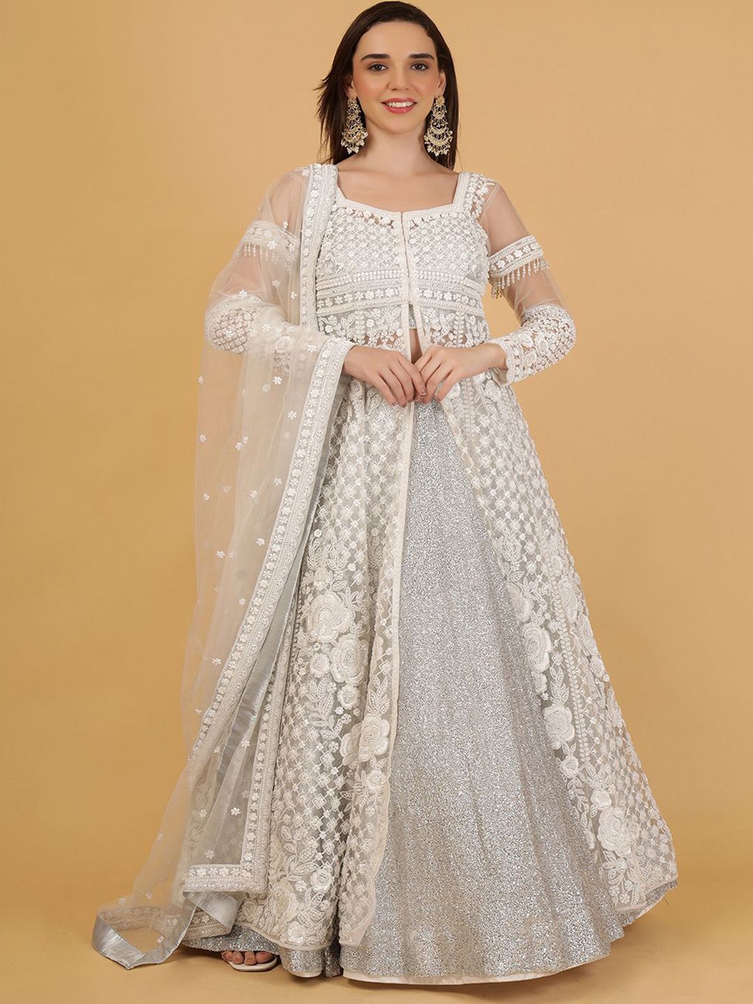 MILU MADAN Floral Embroidered Net Beads & Stones Lehenga With Choli & Dupatta-image-49