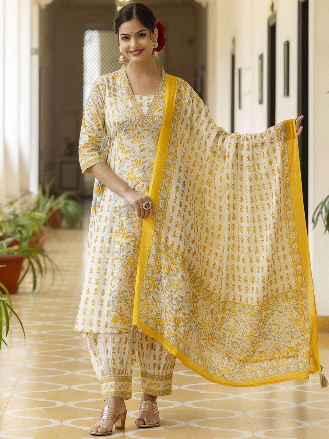 BAESD Women Ethnic Motifs Printed A-Line Kurta with Churidar & Dupatta