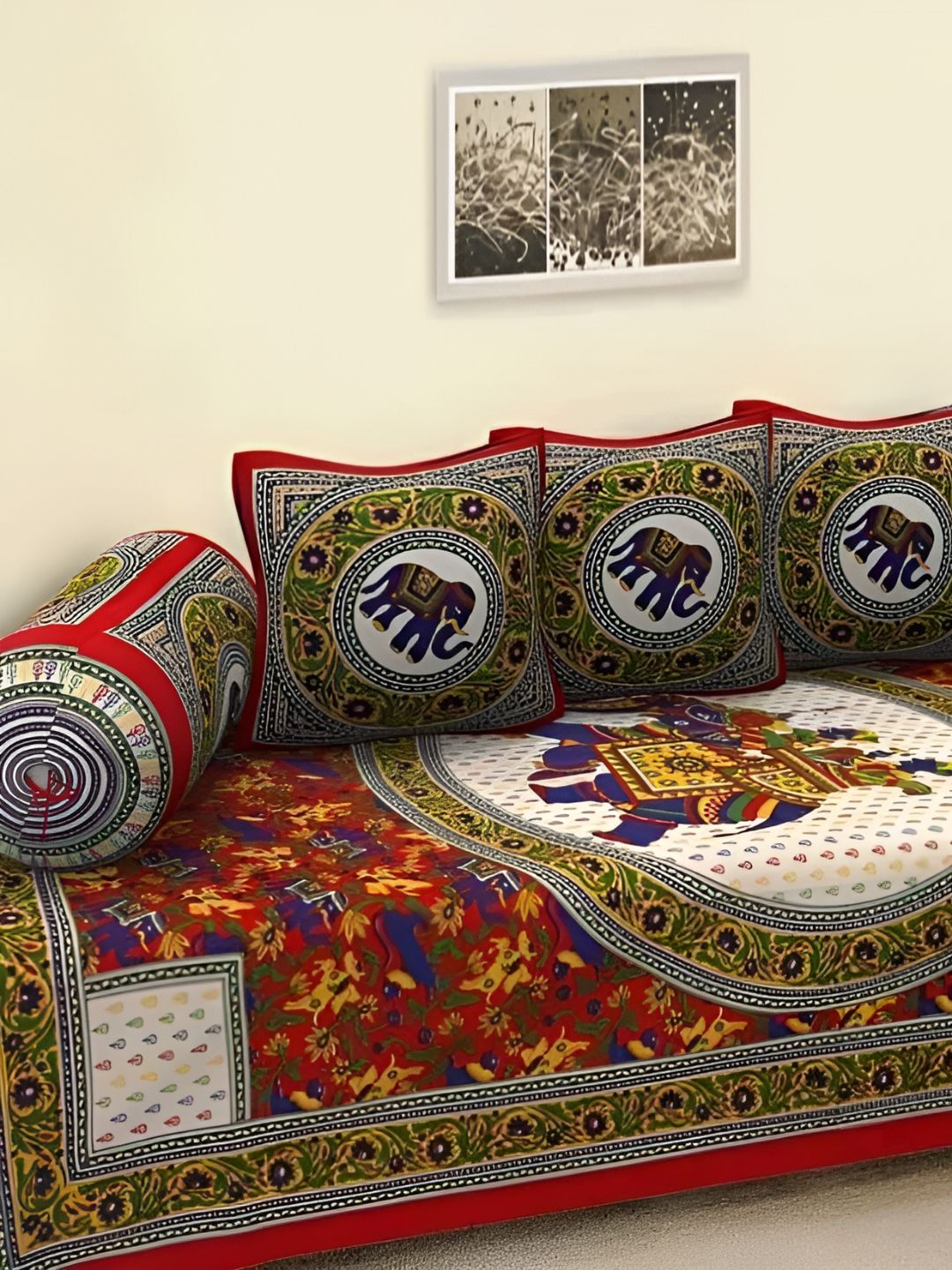 Myntra Elegant Homes Green & Red 6 Pieces Floral Printed Cotton Diwan Set-picture-27