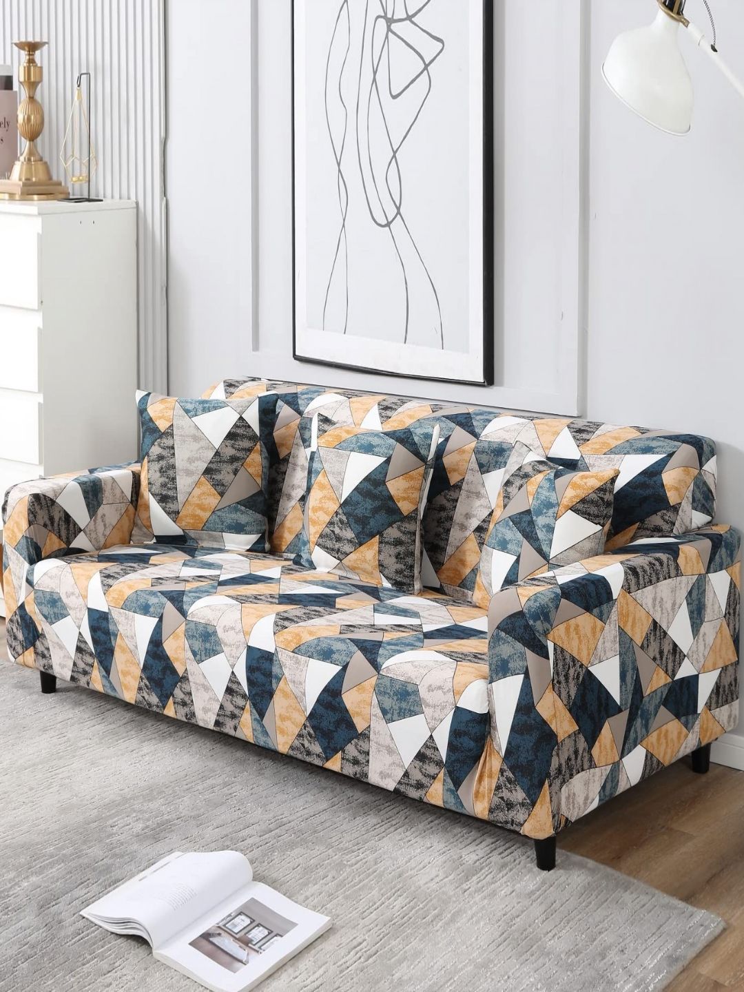 Myntra Elegant Homes Grey & Yellow Printed Polyester 1 Piece Sofa Cover With Arms-image-32