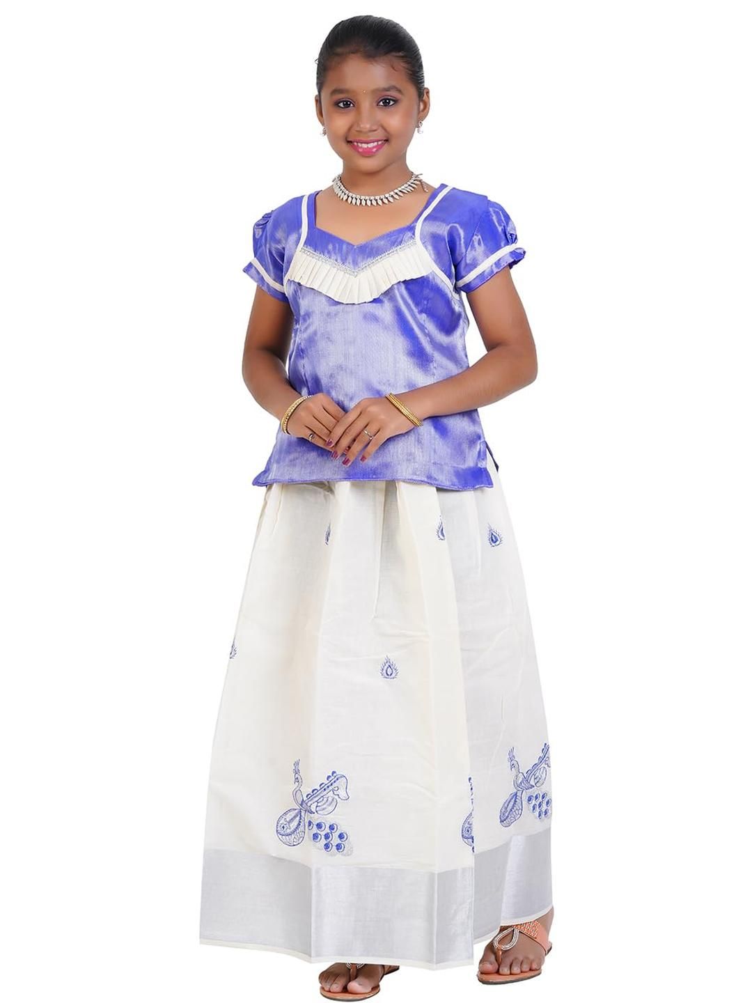 SKV ETHNIVERSE Ethnic Wear, Blue and white embroidered pattu pavadai lehenga choli-picture-22