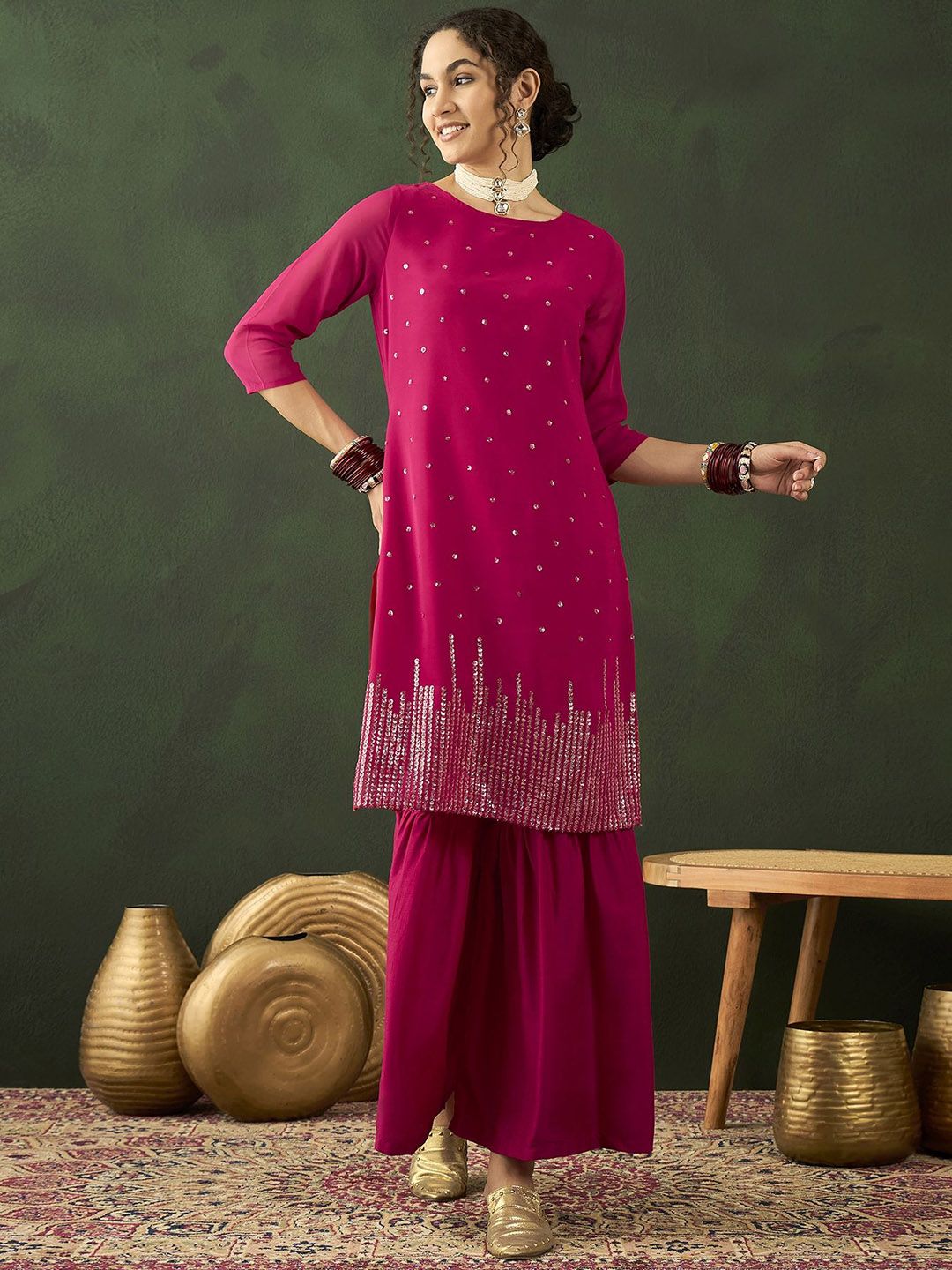 SZN Women Embroidered Sequinned Georgette Kurta with Sharara