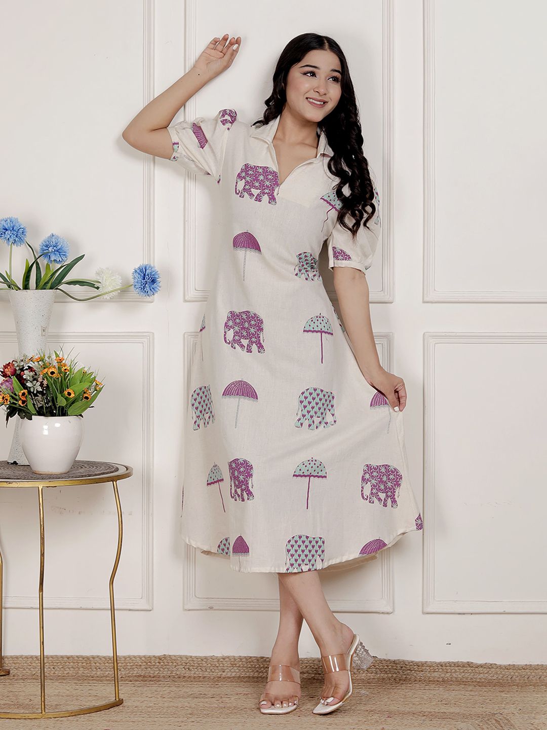 Doriyaan Women Shirt Collar Puff Sleeve Cotton A-Line Midi Dress