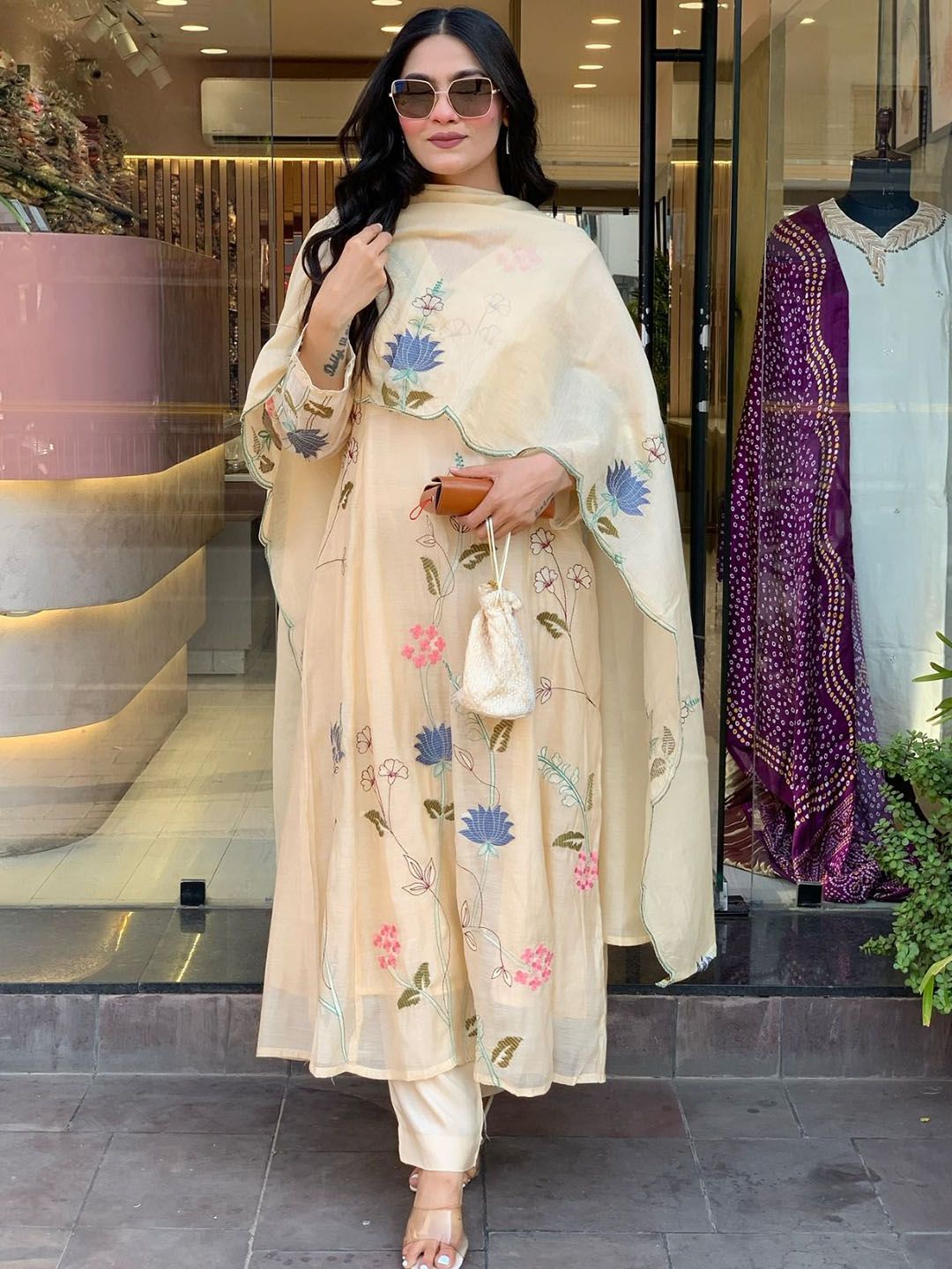 THE52 Women Embroidered Thread Work Pure Cotton Kurta with Trousers &  Dupatta