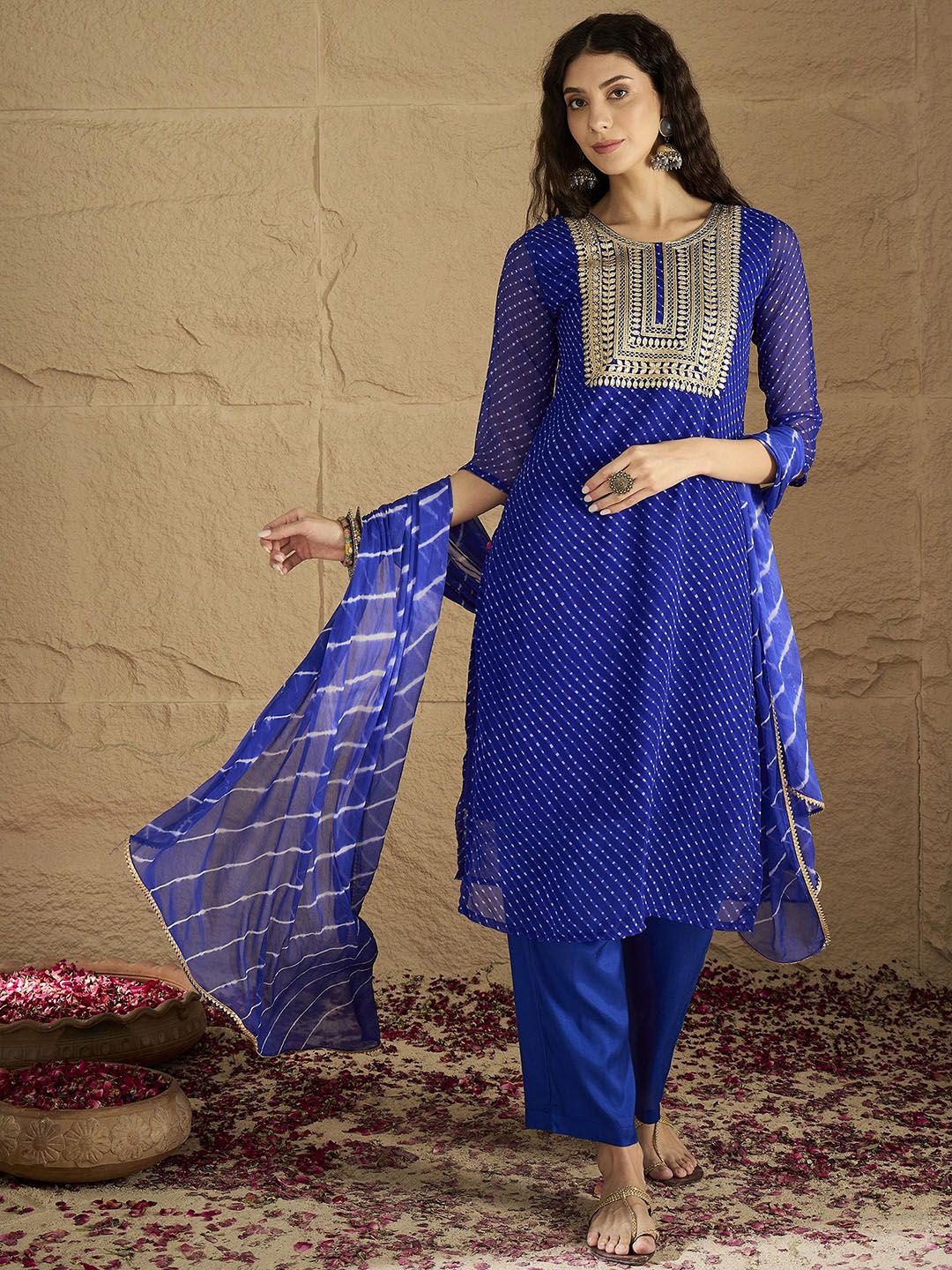 Varanga Bandhani Printed Silk Georgette Round Neck Straight Kurta With Trousers & Dupatta
