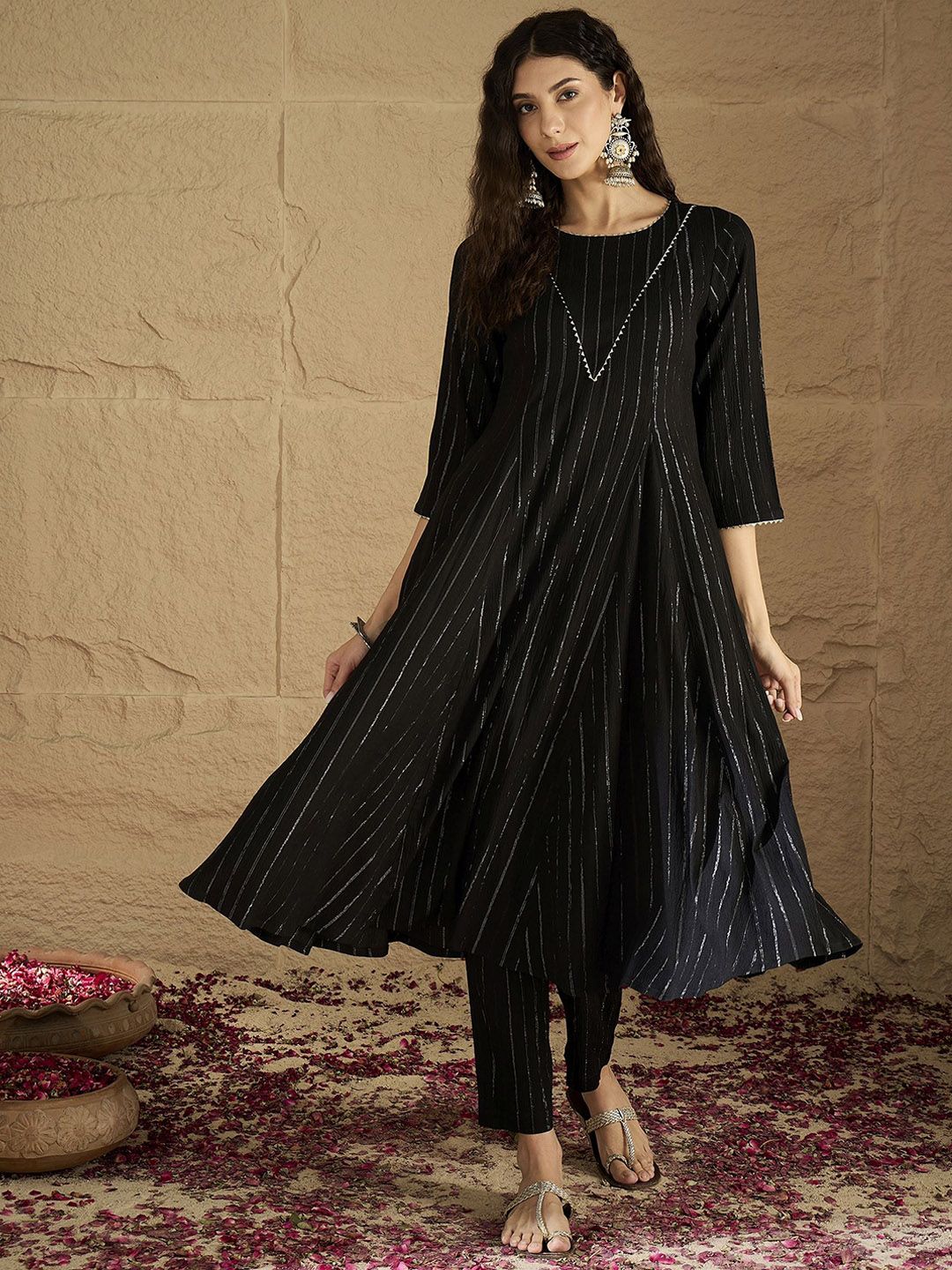 Varanga Women Striped Round Neck Gotta Patti Silk Crepe Kurta with Trousers-picture-20