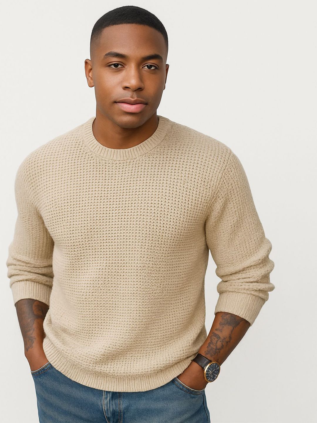 ColorChakra Men OFF-WHITE Waffle Knit Textured Pullover Sweater-picture-17