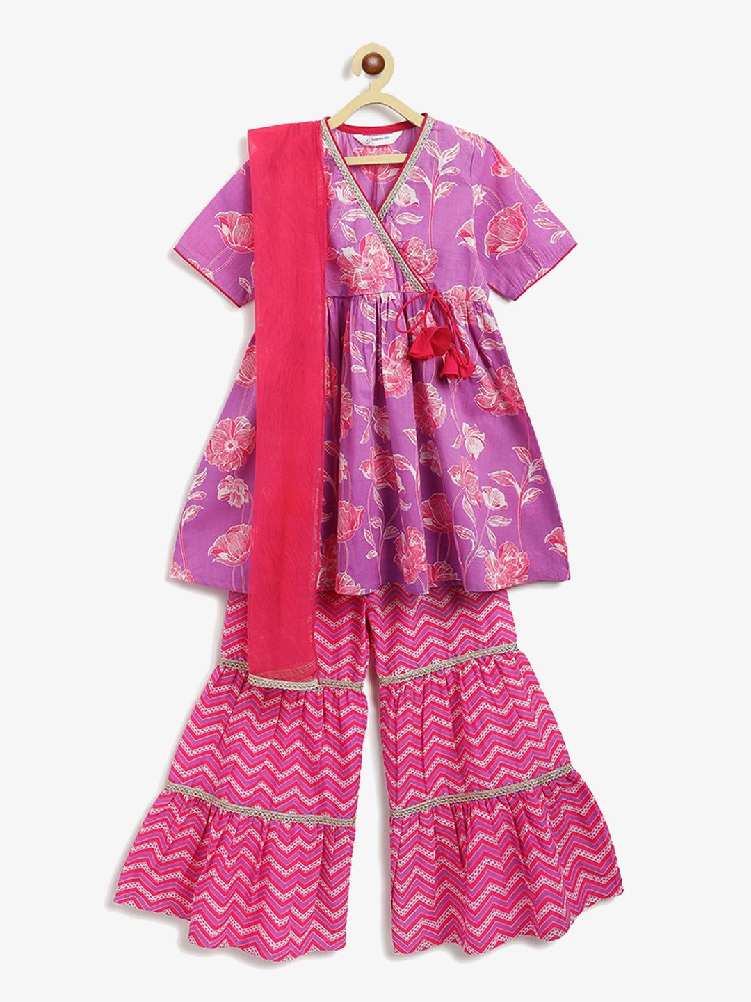 Campana Girls Floral Printed Pure Cotton Angrakha Kurta with Sharara & Dupatta-picture-11