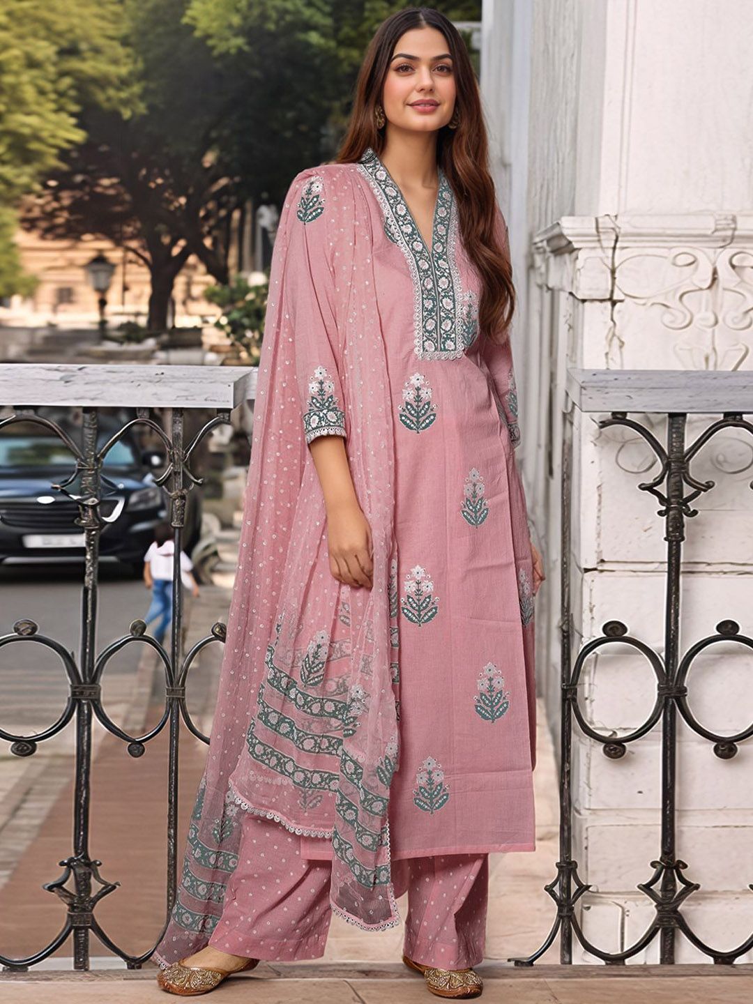 Moda Rapido Floral Printed V-Neck Kurta With Palazzos & Dupatta
