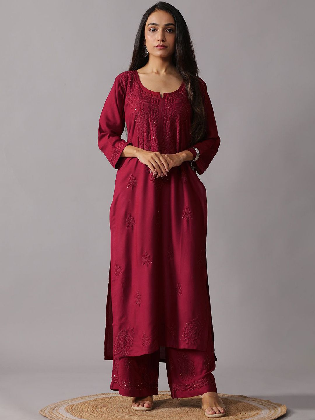 colorkosh Floral Embroidered Notch Neck Thread Work Straight Kurta With Palazzos-picture-51