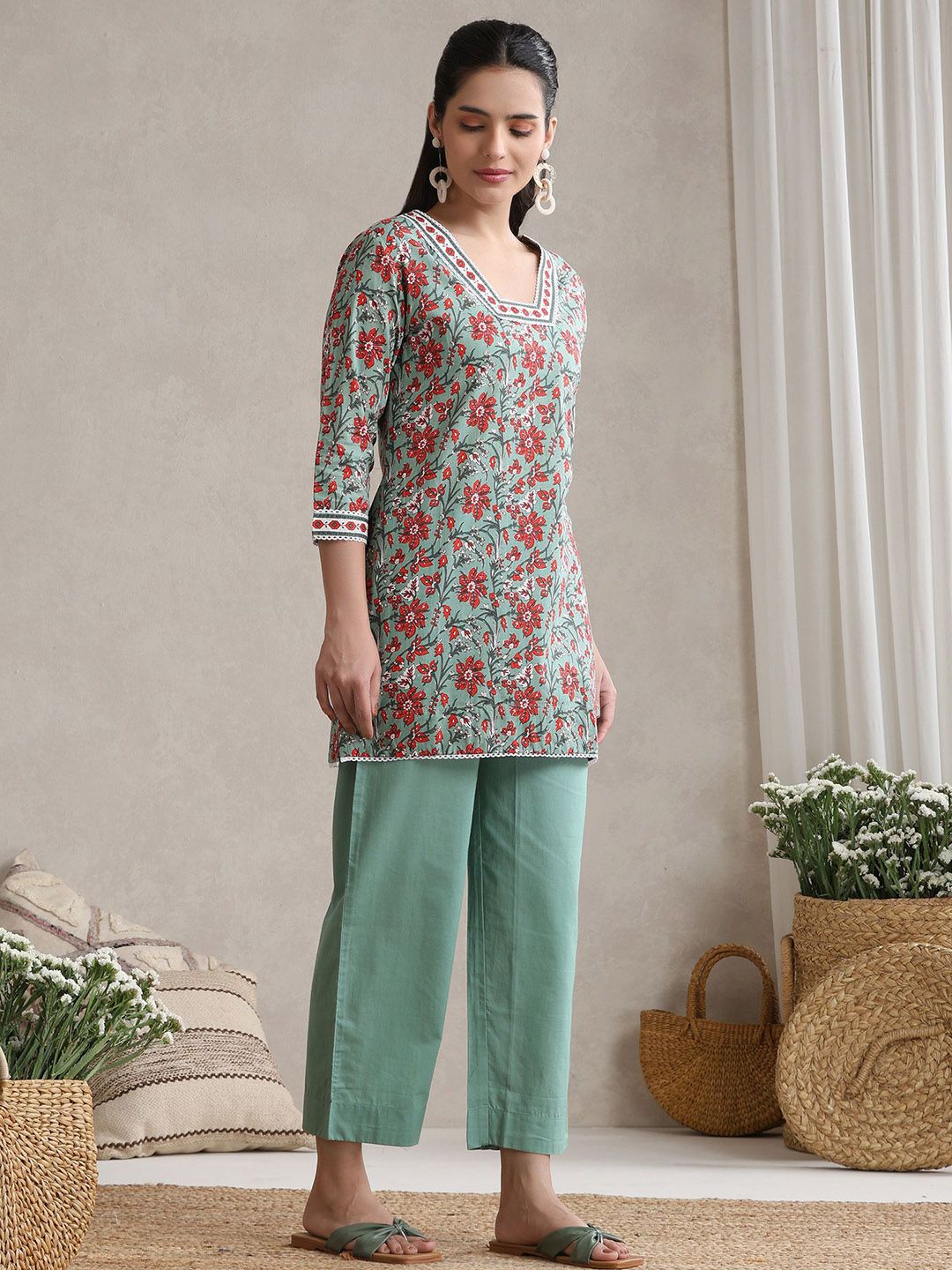 ETC Printed Square Neck Pure Cotton Tunic & Trousers