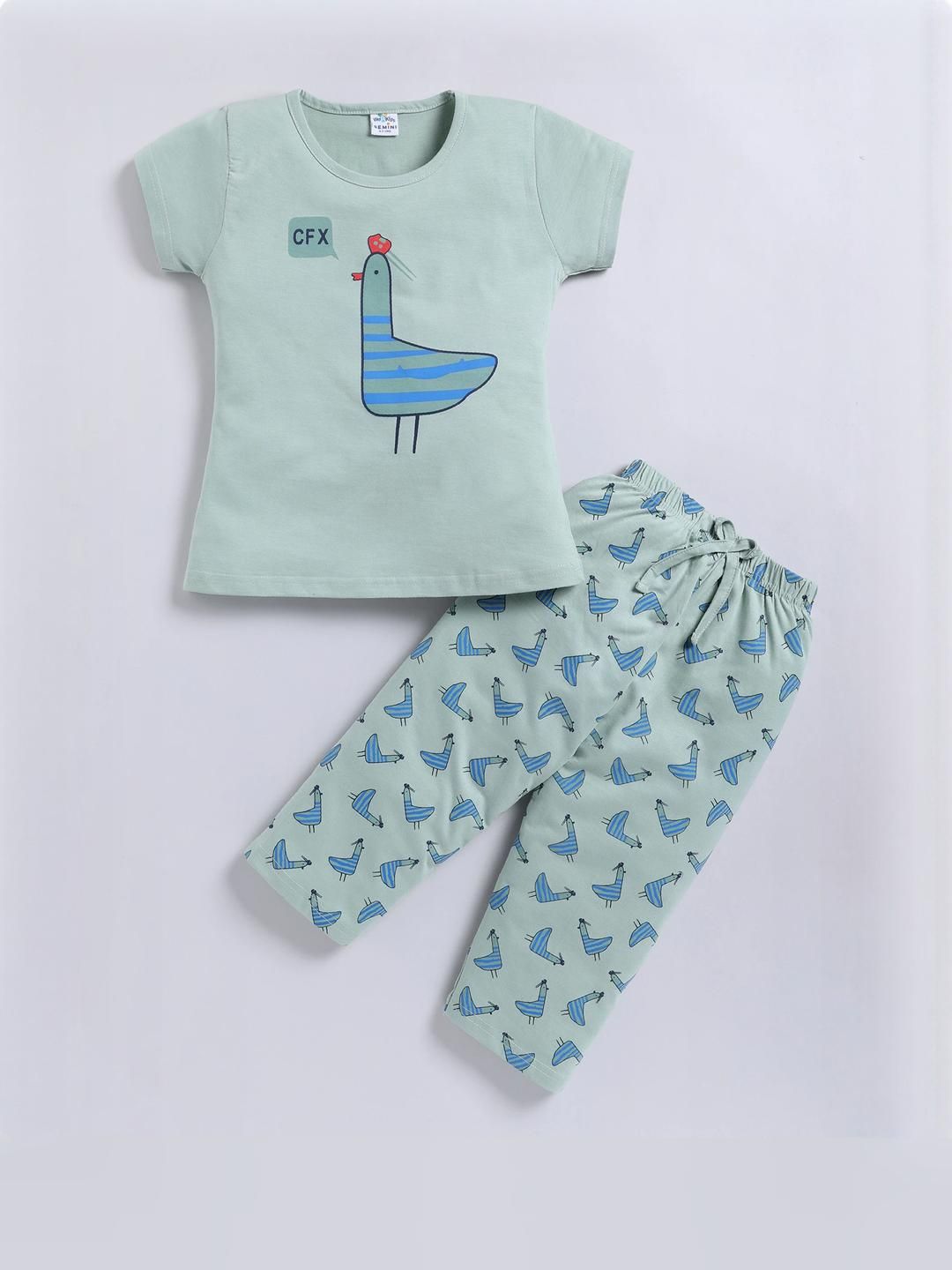GEMINI Girls Green Printed Nightdress-image-1