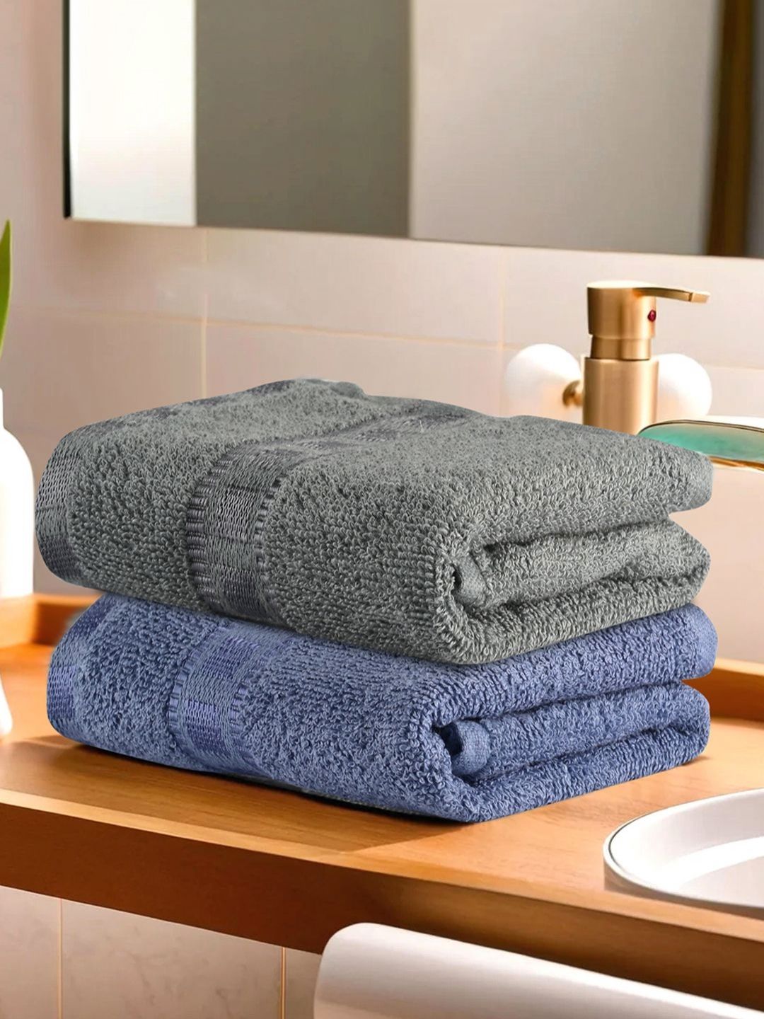 Aura Set Of 2 Blue & Grey Cotton 150 GSM Cotton Face Towels-image-24