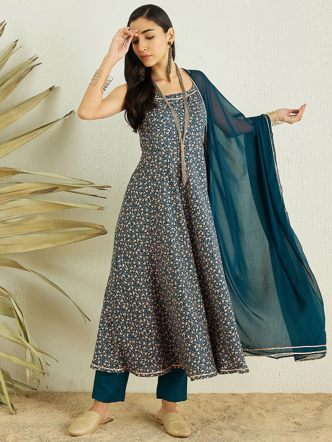 Inddus Women Floral Printed A-Line Kurta with Trousers & Dupatta