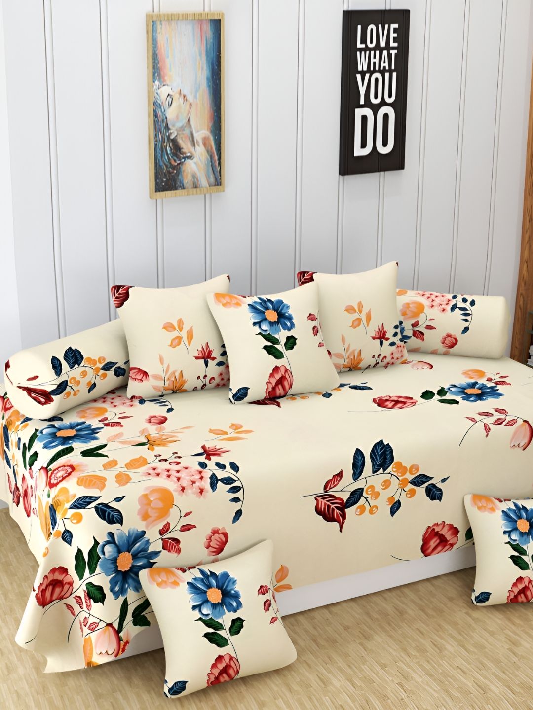 Myntra Elegant Homes Cream & Blue 8 Pieces Floral Printed Cotton Diwan Set