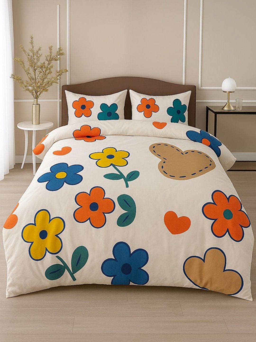 INDHOME LIFE Beige & Yellow Printed Cotton 220 TC Queen Bedsheet Set 2.28 x 2.28 m-image-41