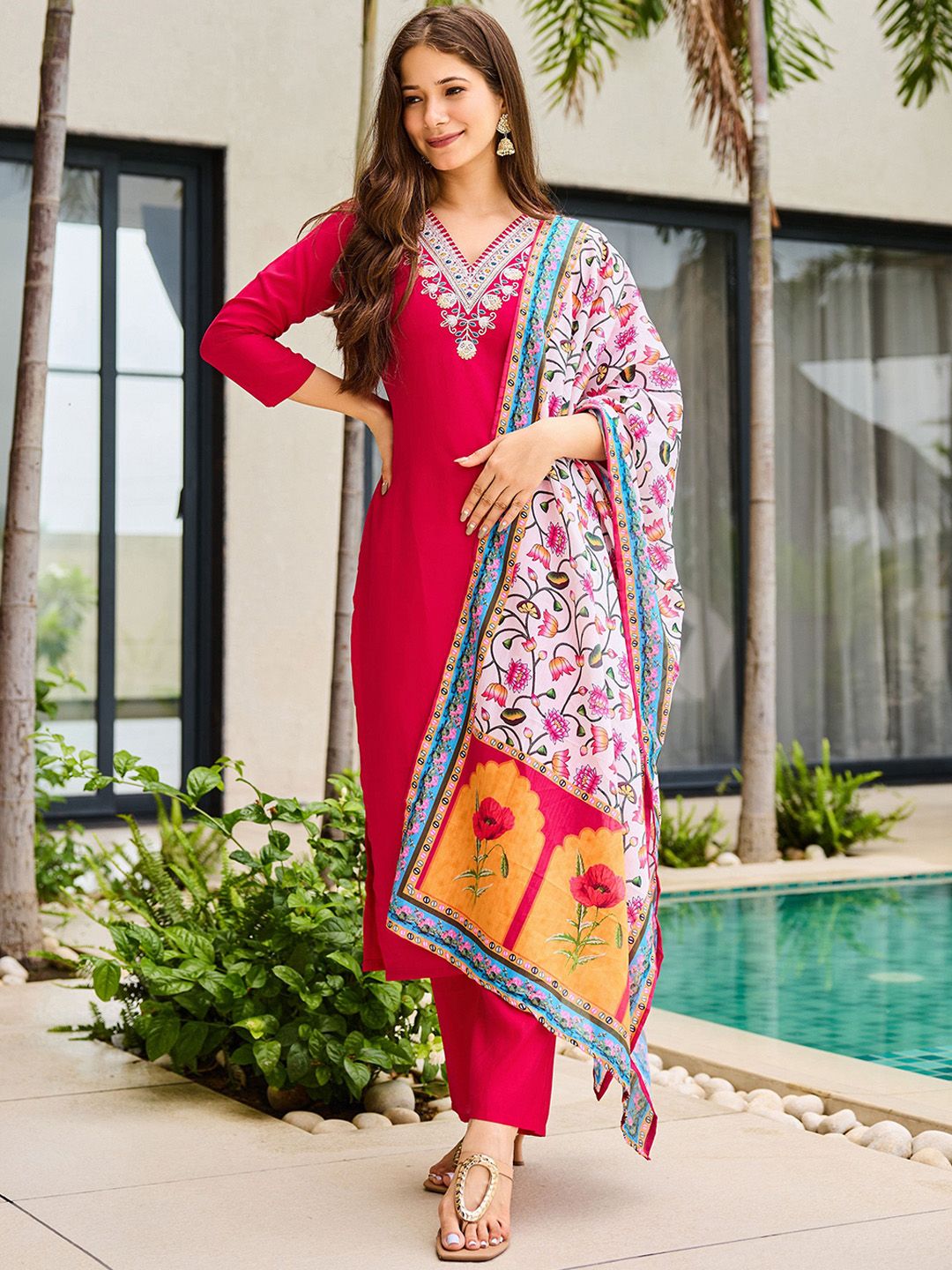 ZAIERRA Floral Yoke Design Sequinned Straight Kurta with Trousers & With Dupatta