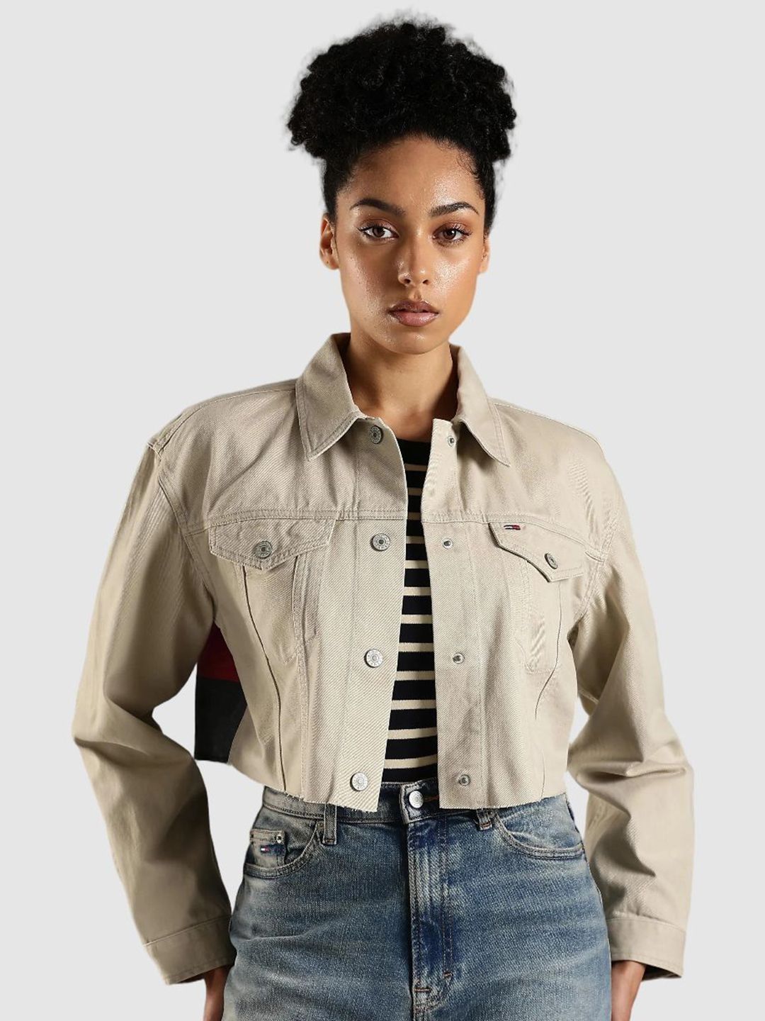 Tommy Hilfiger Women Spread Collar Solid Pure Cotton Denim Jacket-image-42