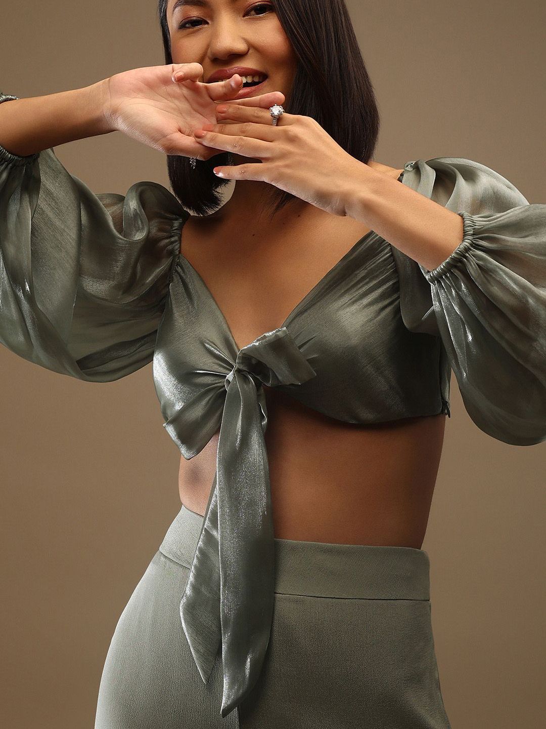 KALKI Fashion Puff Sleeves Organza Crop Top-image-40