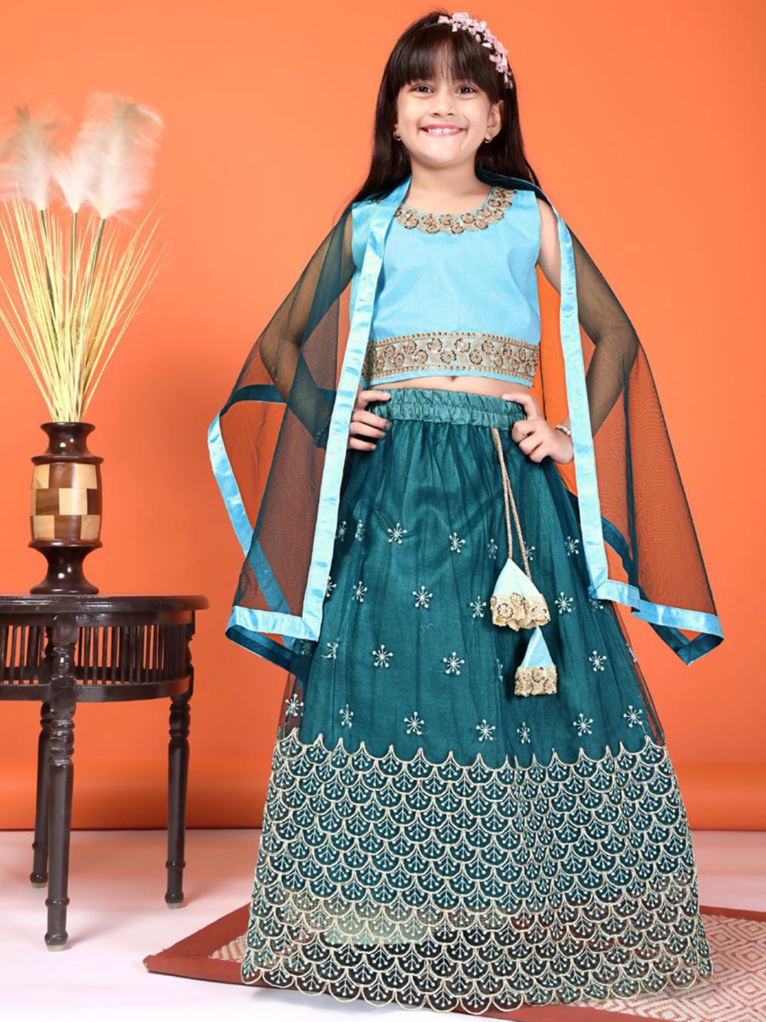 BAESD Girls Embroidered Thread Work Ready To Wear Net Lehenga & Blouse With Dupatta-image-44
