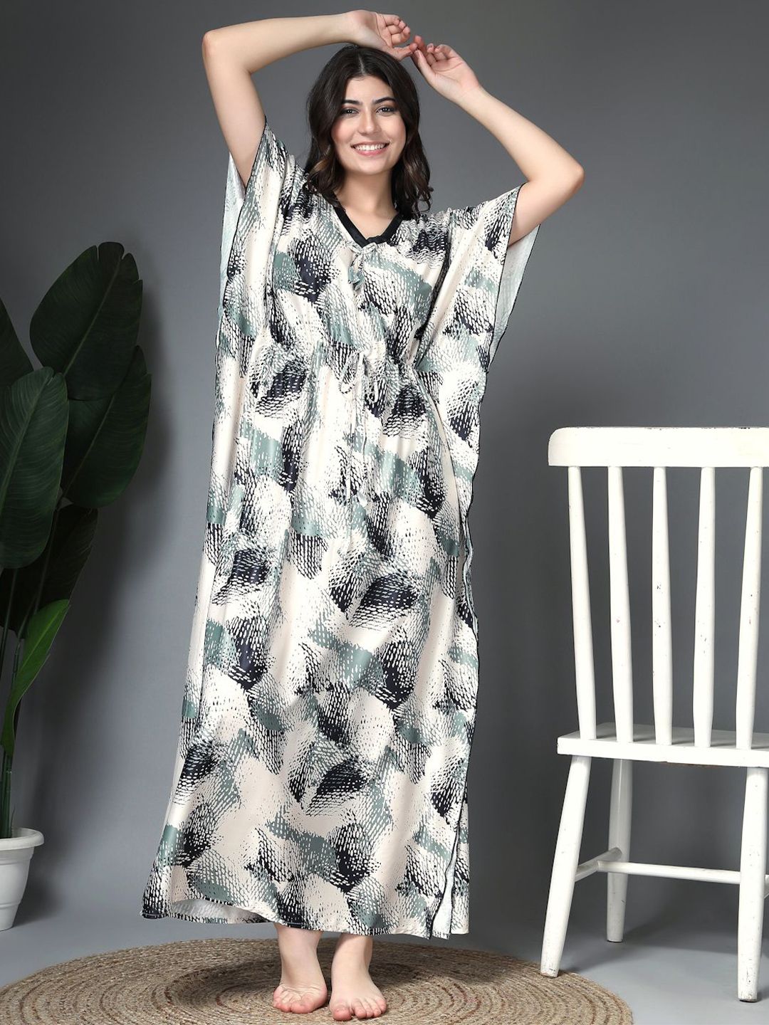 ETC Women Abstract Printed V Neck Kaftan Maxi Nightdress-picture-10