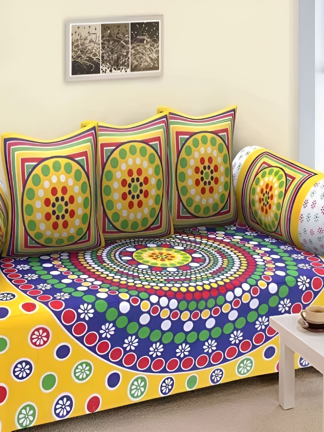 Myntra Elegant Homes 6-Pcs Yellow & Blue PrintedDiwanSet-picture-49