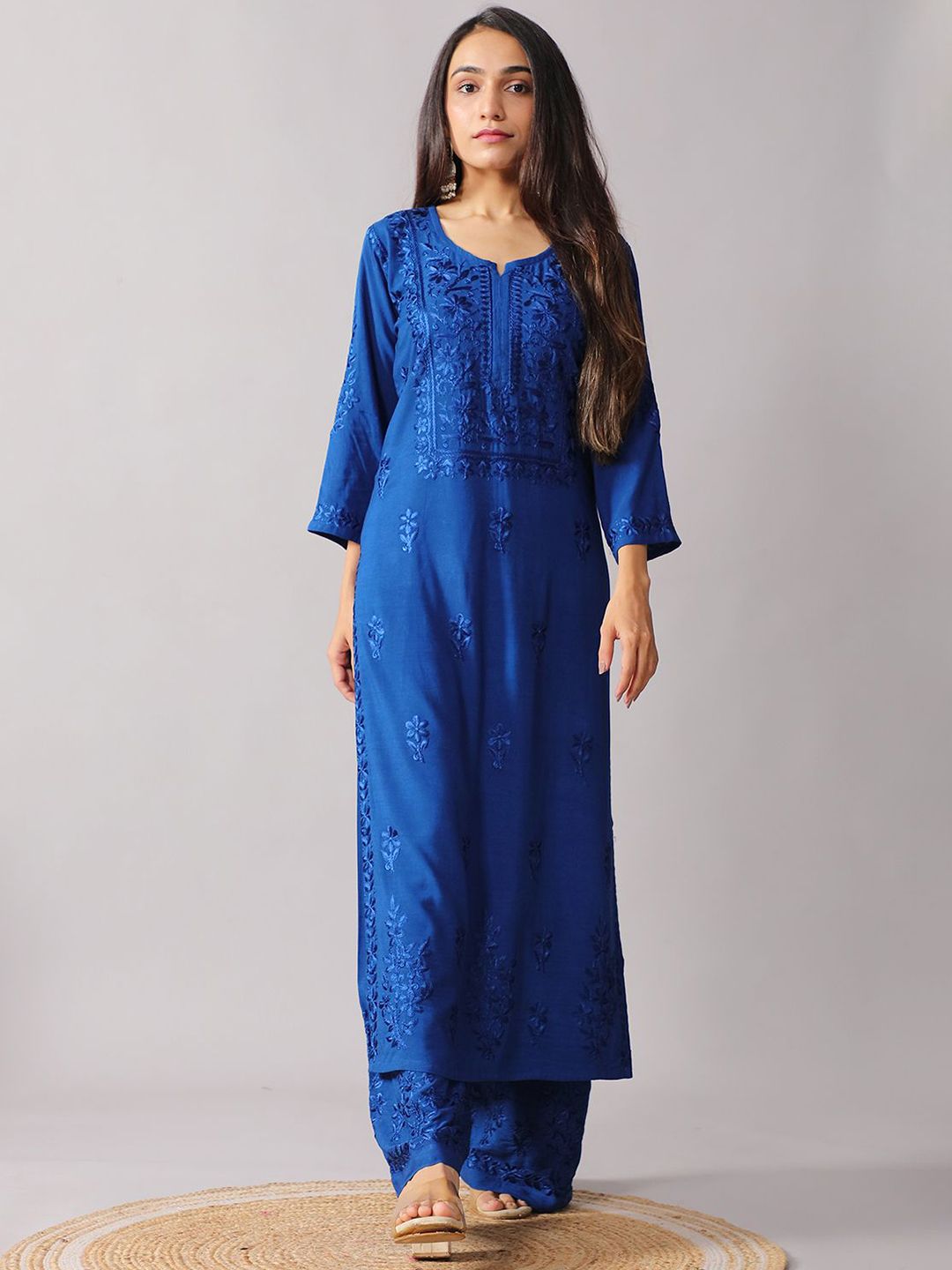 colorkosh Floral Embroidered Notch Neck Thread Work Straight Kurta With Palazzos