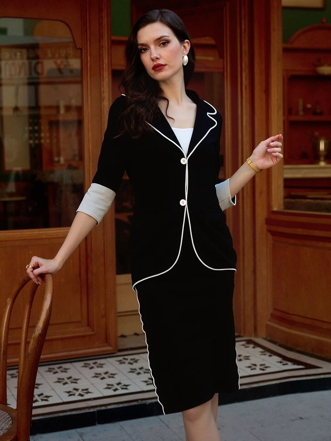 DressBerry Colourblocked Lapel Collar Blazer With Skirt