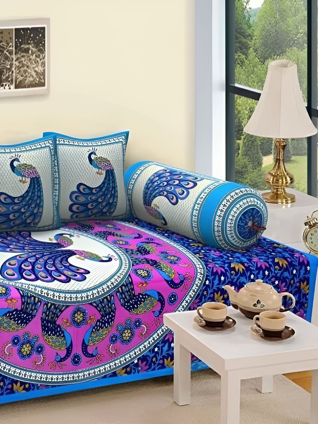 Myntra Elegant Homes Pink & Blue 6 Pieces Floral Printed Cotton Diwan Set-picture-58