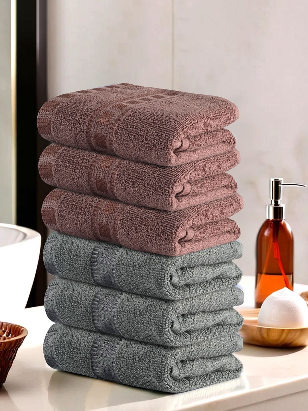 Aura Set Of 6 Grey & Brown Cotton 150 GSM Anti-Bacterial Face Towels-picture-33