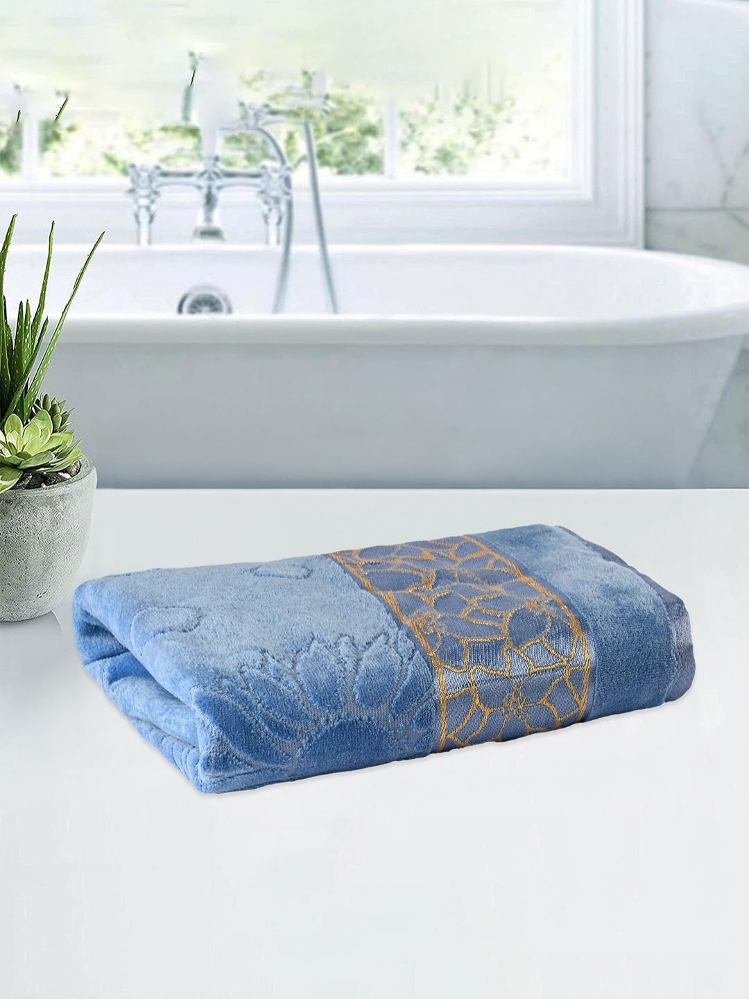 Aura Blue & Beige Floral Printed Cotton 350 GSM Bath Towel-picture-22