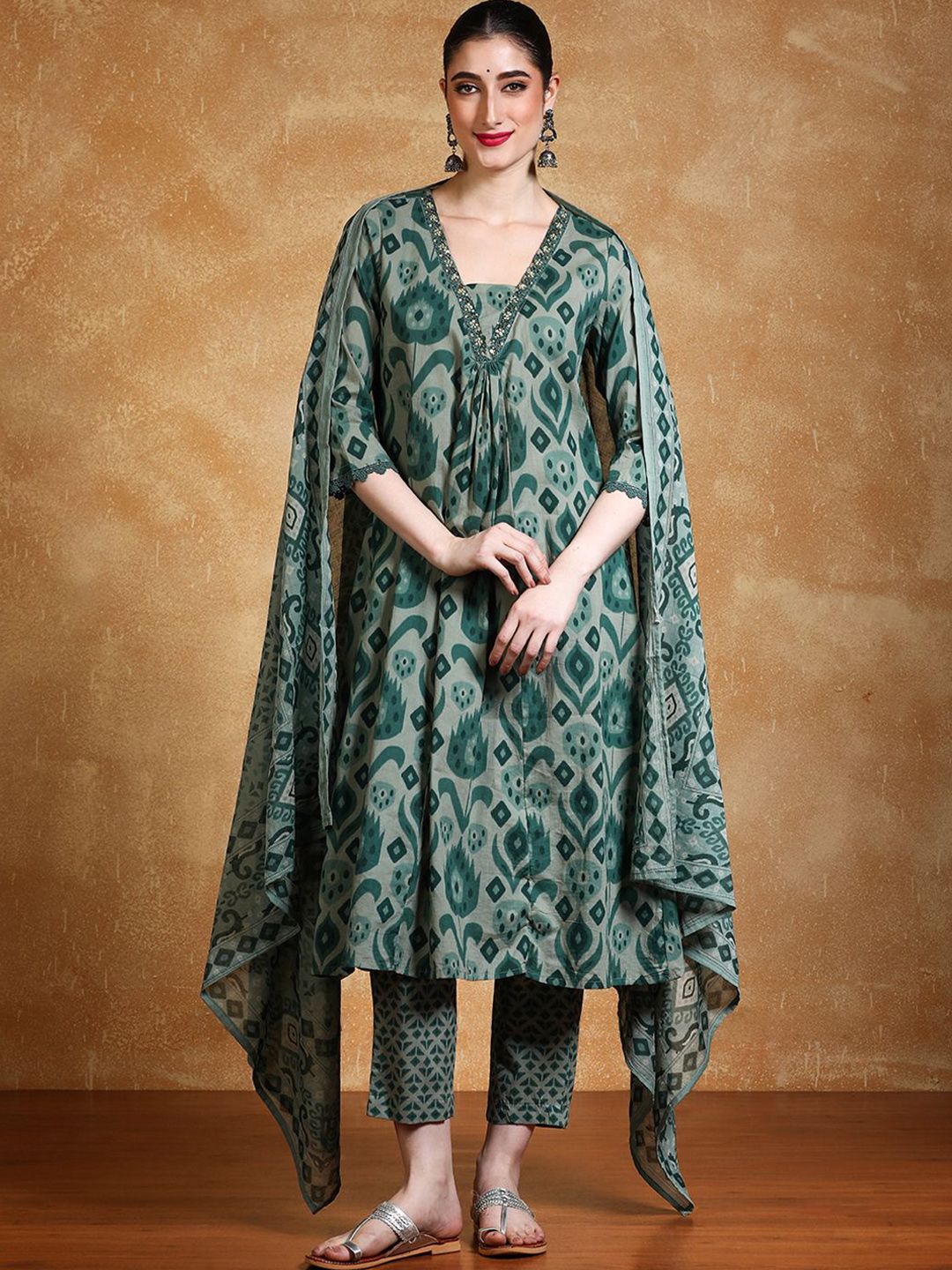 Varanga Women Ethnic Motifs Printed Cotton A-Line Kurta with Trouser & Dupatta