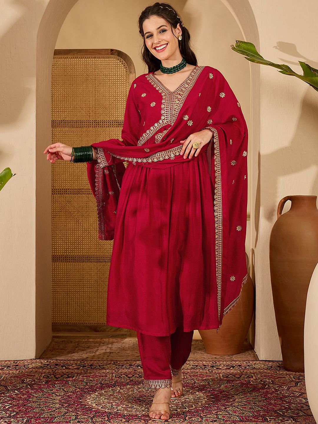 Sangria Women Floral Printed A-Line Kurta with Pyjamas & Dupatta