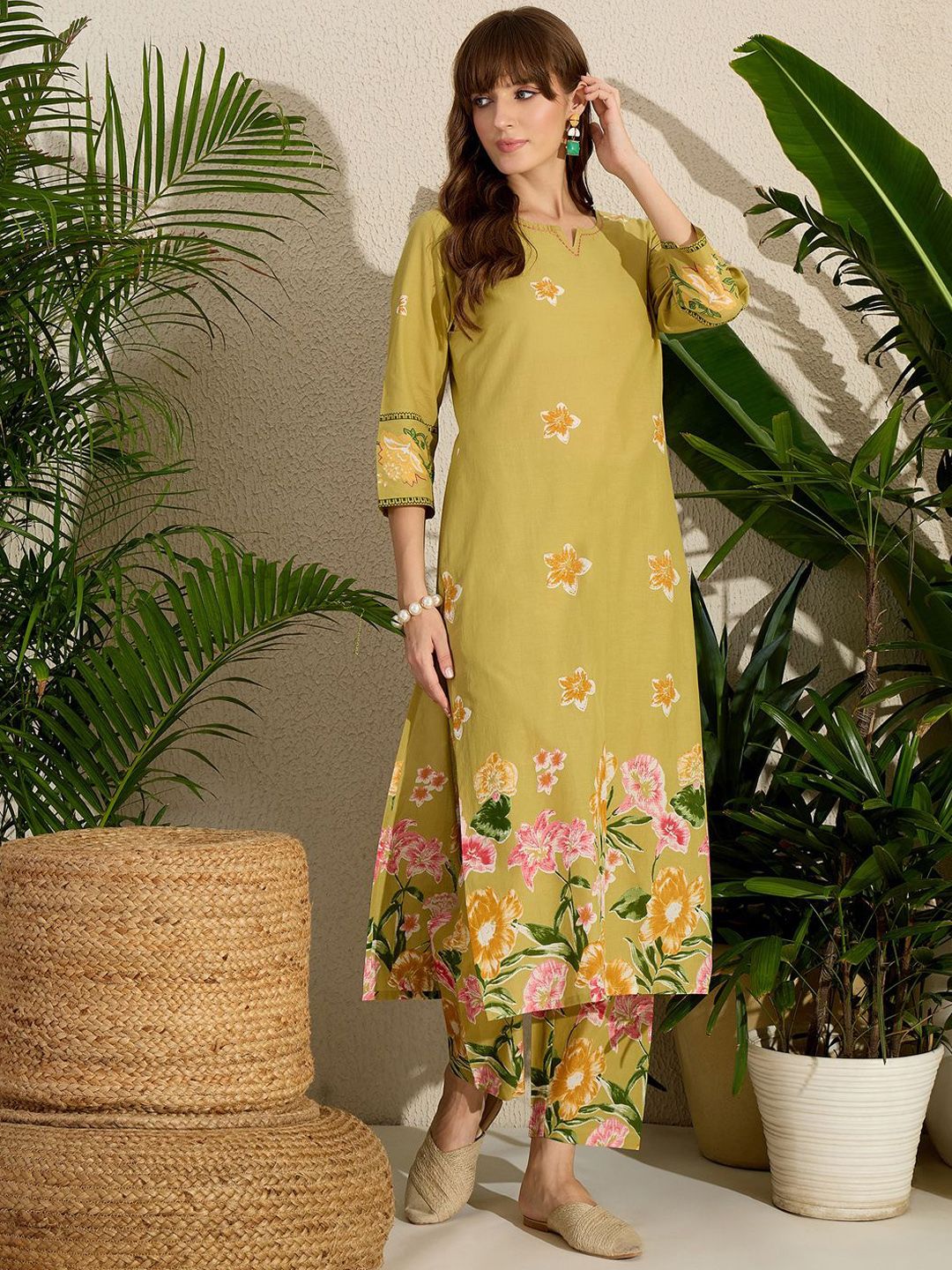 Indo Era Floral Printed Sequinned Pure Cotton Kurta with Trousers