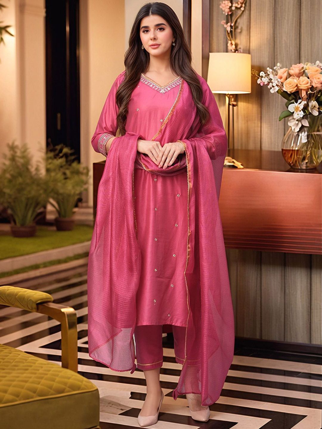 Moda Rapido Floral Embroidered V-Neck Thread Work Kurta With Trousers & Dupatta