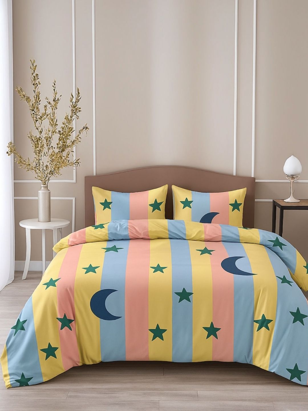 INDHOME LIFE Blue & Yellow Striped Cotton 220 TC Queen Bedsheet Set 2.28 x 2.28 m-picture-32