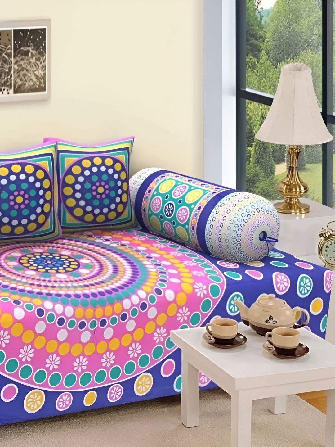 Myntra Elegant Homes Blue & Pink 6 Pieces Floral Printed Cotton Diwan Set-picture-30