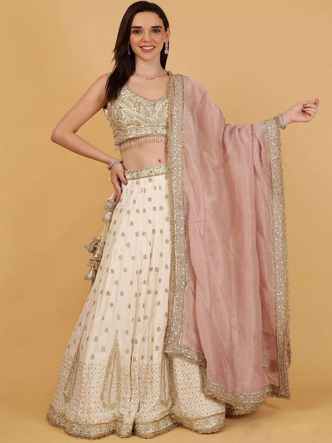 MILU MADAN Floral Embroidered Silk Beads & Stones Lehenga With Choli & Dupatta-image-24
