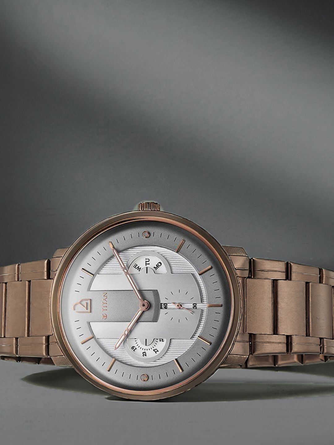 Titan Men Grey Patterned Dial & Brown Stainless Steel Straps Analogue 
